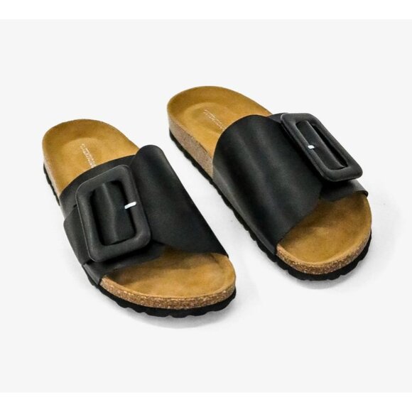 Intentionally Blank Clarice Flat Buckle Slide Sandals Black Leather Size 37 7 - Picture 1 of 5